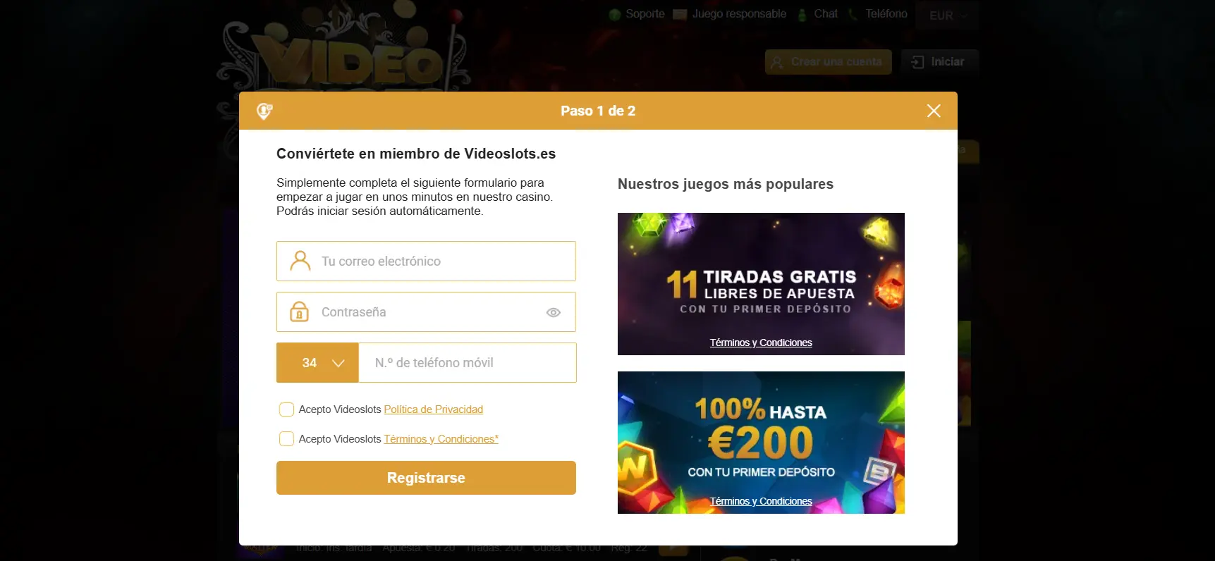 Registro e inicio de sesión en Videoslots