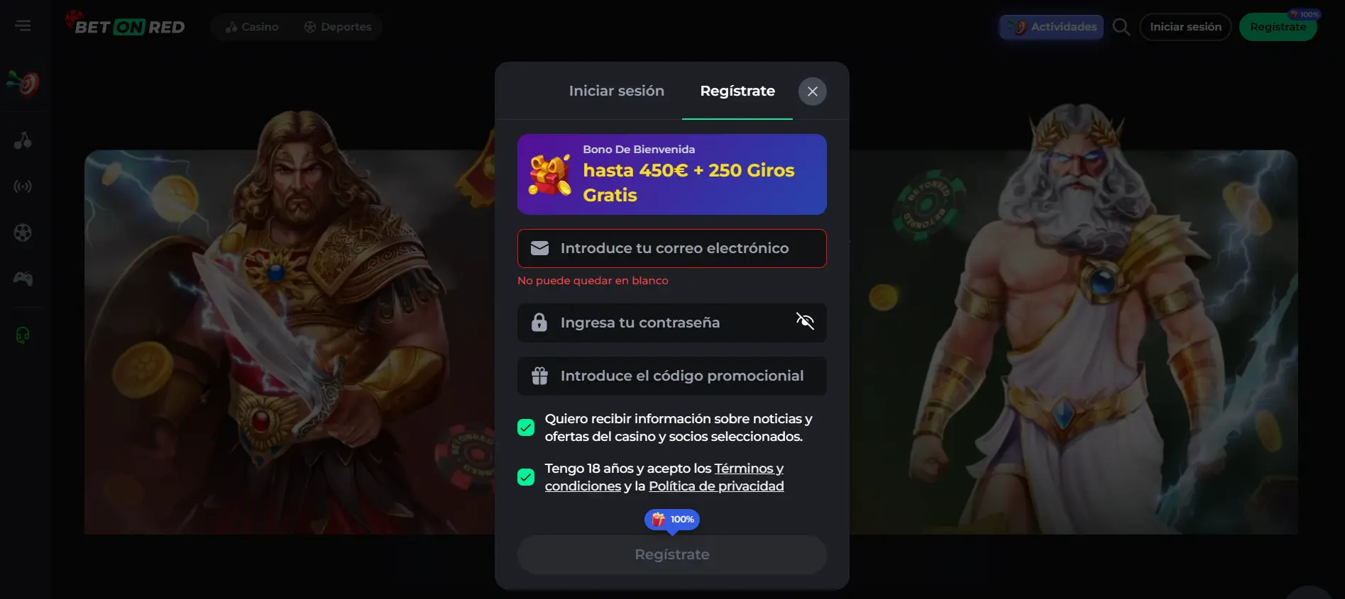Registrarse e iniciar sesión en BetOnRed