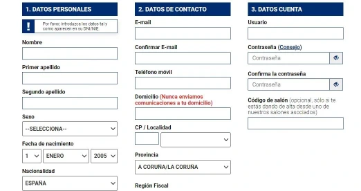 Formulario de registro en casino registro
